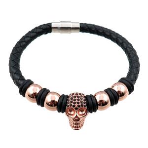 PU leather bracelet with magnetic clasp, skull beads, approx 6mm, 70mm dia [FR10079]