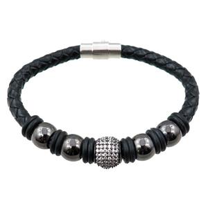 PU leather bracelet with magnetic clasp, copper beads pave zircon, approx 6mm, 70mm dia [FR10085]