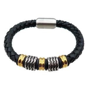 PU leather bracelet with magnetic clasp, stainless steel beads, approx 8mm, 70mm dia [FR10093]