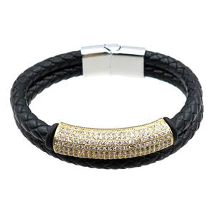 PU leather bracelet with magnetic clasp, copper tube beads pave zircon, approx 12mm, 70mm dia [FR10100]