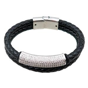 PU leather bracelet with magnetic clasp, copper tube beads pave zircon, approx 12mm, 70mm dia [FR10101]