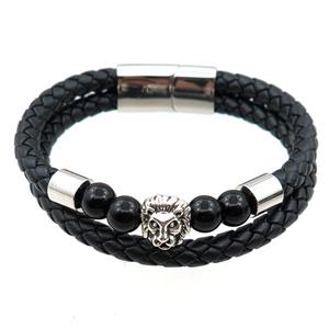 PU leather bracelet with magnetic clasp, stainless steel lion beads, approx 12mm, 70mm dia [FR10104]
