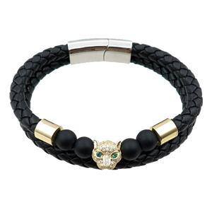 PU leather bracelet with magnetic clasp, copper leopard beads pave zircon, approx 12mm, 70mm dia [FR10106]