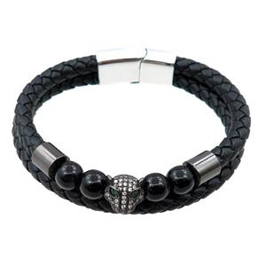 PU leather bracelet with magnetic clasp, copper leopard pave zircon, approx 12mm, 70mm dia [FR10107]