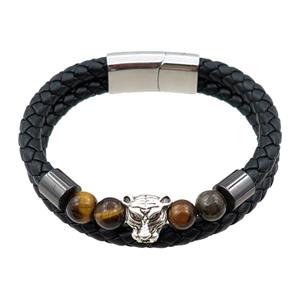 PU leather bracelet with magnetic clasp, stainless steel tiger beads, approx 12mm, 70mm dia [FR10108]