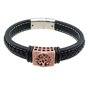 PU leather bracelet with magnetic clasp, tree of life, approx 12mm, 70mm dia [FR10115]