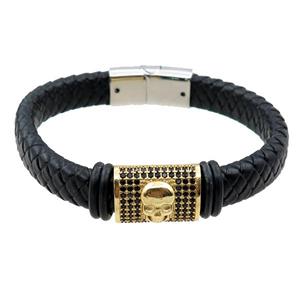 PU leather bracelet with magnetic clasp, skull charm, approx 12mm, 70mm dia [FR10121]
