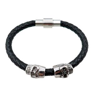 PU leather bracelets with magnetic clasp, stainless steel skull bead, approx 6mm, 70mm dia [FR10139]