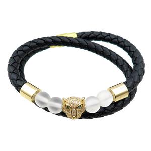 PU leather bracelets with magnetic clasp, foxhead beads pave zircon, approx 6mm, 60mm dia [FR10144]