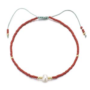 handmade miyuki glass Bracelet with Pearl, adjustable, red, approx 2mm, 16-24cm length [FR10309]