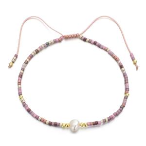 handmade miyuki glass Bracelet with Pearl, adjustable, pink, approx 2mm, 16-24cm length [FR10311]