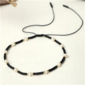handmade miyuki seed glass Bracelet with Pearl, adjustable, black, approx 3mm, 16-24cm length [FR10341]