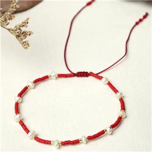 handmade miyuki seed glass Bracelet with Pearl, adjustable, red, approx 3mm, 16-24cm length [FR10343]
