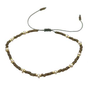 handmade coffee miyuki glass Bracelet with Pearl, adjustable, approx 3mm, 16-24cm length [FR10355]