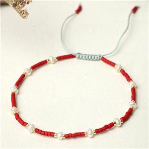 handmade miyuki glass Bracelet with Pearl, adjustable, red, approx 3mm, 16-24cm length [FR10356]