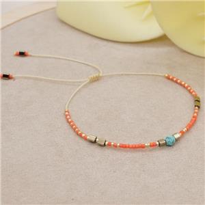 handmade miyuki glass Bracelet with turquoise, adjustable, orange, approx 4mm, 16-24cm length [FR10375]