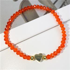 red Chinese Crystal Glass Bracelet with gold heart, stretchy, approx 4mm, 22cm length [FR10379]