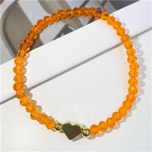 Chinese Crystal Glass Bracelet with gold heart, stretchy, orange, approx 4mm, 22cm length [FR10382]
