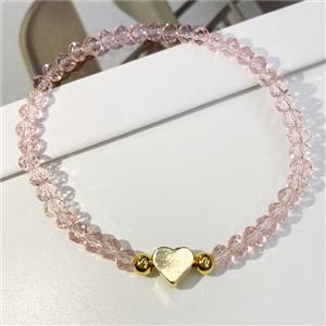 Chinese Crystal Glass Bracelet with gold heart, stretchy, lt.pink, approx 4mm, 22cm length [FR10384]
