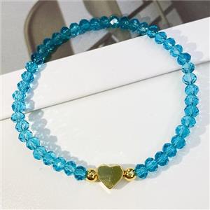 Chinese Crystal Glass Bracelet with gold heart, stretchy, aqua, approx 4mm, 22cm length [FR10385]