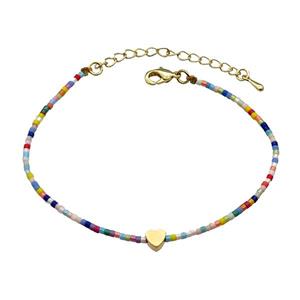 Glass Seed Bead Bracelet Heart Multicolor, approx 5mm, 1.6mm, 16-22cm length [FR10497]