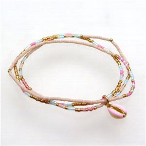 Seed Glass Bracelet 3 Strands Conch Shell Stretchy, approx 8-10mm, 1.6mm, 16cm length [FR10515]