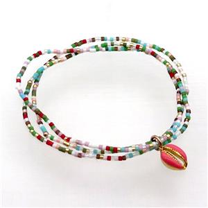 Seed Glass Bracelet 3 Strands Conch Shell Stretchy, approx 8-10mm, 1.6mm, 16cm length [FR10516]