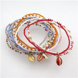 Seed Glass Bracelet 3 Strands Conch Shell Mixed Stretchy, approx 8-10mm, 1.6mm, 16cm length [FR10517]