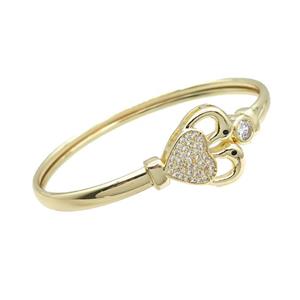 Copper Bangle Pave Zircon Heart Gold Plated, approx 7mm, 18mm, 50-60mm dia [FR10556]