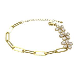 Copper Bracelets Pave Zircon Flower Gold Plated, approx 14mm, 5-15mm, 15-20cm length [FR10626]