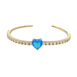 Copper Bangle Pave Zircon Blue Crystal Glass Heart Gold Plated, approx 10mm, 50-60mm [FR10677]