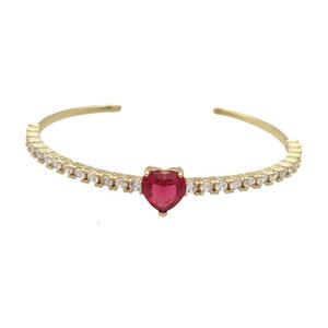 Copper Bangle Pave Zircon Red Crystal Glass Heart Gold Plated, approx 10mm, 50-60mm [FR10679]