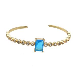 Copper Bangle Pave Zircon Blue Crystal Glass Rectangle Gold Plated, approx 9-13mm, 50-60mm [FR10684]