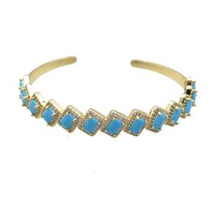 Copper Bangle Pave Zircon Turq Crystal Glass Rectangle Gold Plated, approx 10mm, 50-60mm [FR10690]