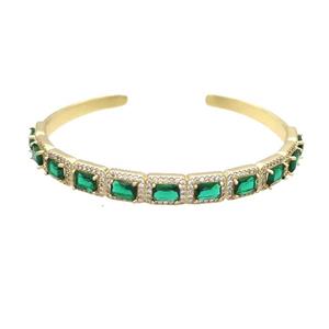 Copper Bangle Pave Zircon Green Crystal Glass Rectangle Gold Plated, approx 7-10mm, 50-60mm [FR10698]