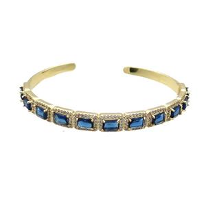 Copper Bangle Pave Zircon Blue Crystal Glass Rectangle Gold Plated, approx 7-10mm, 50-60mm [FR10699]