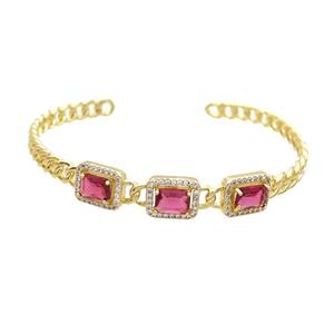 Copper Bangle Pave Zircon Red Crystal Glass Rectangle Gold Plated, approx 9-11mm, 55-62mm [FR10712]