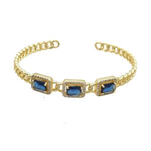Copper Bangle Pave Zircon Blue Crystal Glass Rectangle Gold Plated, approx 9-11mm, 55-62mm [FR10713]