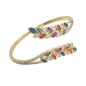 Copper Bangle Pave Multicolor Zircon Leaf Gold Plated, approx 10-30mm, 50-58mm [FR10804]