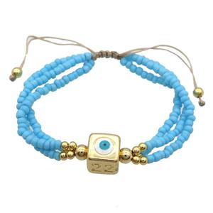 Seed Glass Bracelet Blue Copper Evil Eye Adjustable, approx 10mm, 3mm, 20-24cm length [FR10871]