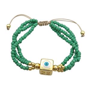Seed Glass Bracelet Green Copper Evil Eye Adjustable, approx 10mm, 3mm, 20-24cm length [FR10872]