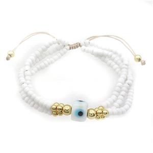 Seed Glass Bracelet White Lampwork Evil Eye Adjustable, approx 9mm, 3mm, 20-24cm length [FR10876]