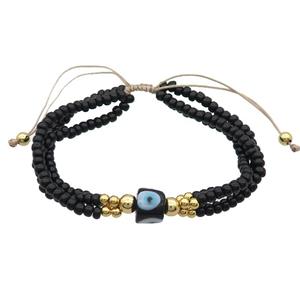 Seed Glass Bracelet Black Lampwork Evil Eye Adjustable, approx 9mm, 3mm, 20-24cm length [FR10877]