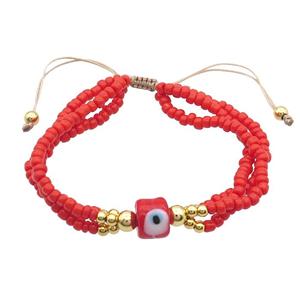 Seed Glass Bracelet Red Lampwork Evil Eye Adjustable, approx 9mm, 3mm, 20-24cm length [FR10879]