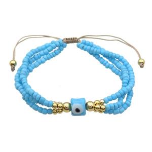 Seed Glass Bracelet Blue Lampwork Evil Eye Adjustable, approx 9mm, 3mm, 20-24cm length [FR10880]