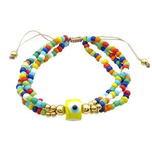 Seed Glass Bracelet Multicolor Lampwork Evil Eye Adjustable, approx 9mm, 3mm, 20-24cm length [FR10882]
