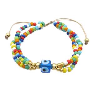 Seed Glass Bracelet Multicolor Lampwork Evil Eye Adjustable, approx 9mm, 3mm, 20-24cm length [FR10883]