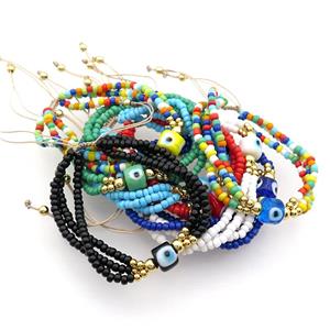 Seed Glass Bracelet Lampwork Evil Eye Adjustable Mixed, approx 9mm, 3mm, 20-24cm length [FR10884]