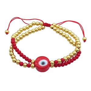 Copper Bracelet With Red Seed Glass Evil Eye Adjustable Gold Plated, approx 12mm, 3.5mm, 20-24cm length [FR10889]
