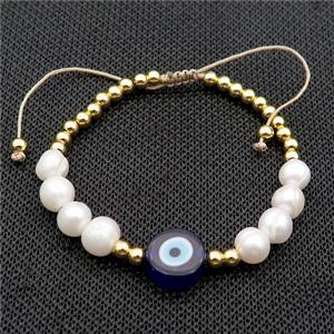 Pearl Bracelet With Lampwork Evil Eye Copper Adjustable, approx 12mm, 8mm, 4mm, 20-24cm length [FR10898]